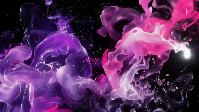 Swirling pink and purple smoke clouds moving in dark liquid. Abstract motion graphics of colorful ink diffusion background for creative digital art design.