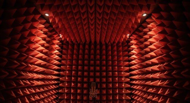 Anechoic chamber with red acoustic foam wedges, professional soundproof recording studio interior, electromagnetic interference testing room