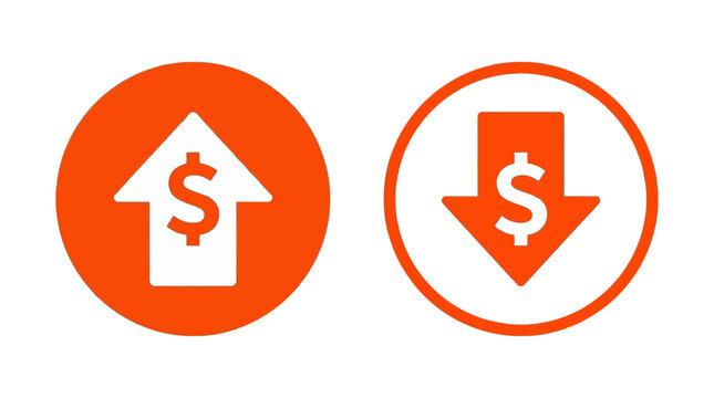 Orange and white dollar sign icons with up and down arrows inside circles on white background, perfect for financial presentation, stock market analysis and business reports