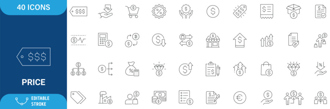 Price icon set. Containing price, cost, quotation, price tag, invoice, estimate, product, discount and more. icons collection. editable stroke