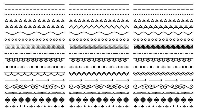 Collection of seamless black geometric border patterns and floral divider lines on a white background, perfect for invitation card design, certificate decoration and web layout projects