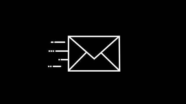 "Minimalist white line animation of a fast flying email envelope icon isolated on a black background loop. Concept of fast digital , delivery, instant messaging, electronic mail notification,