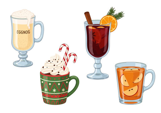 A festive collection of holiday season warm drinks, including mulled wine, eggnog, hot chocolate, and apple cider.