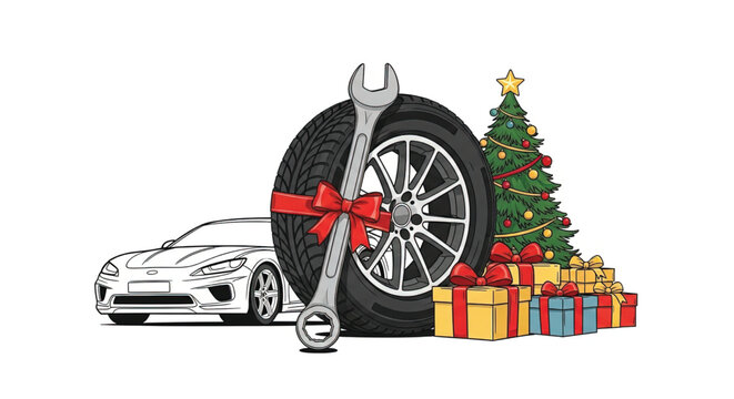 Tire with wrench and red bow.