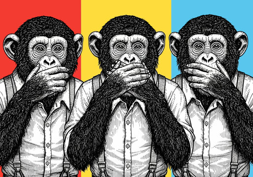 Three wise monkeys in vintage shirts and suspenders covering eyes ears and mouth against colorful background