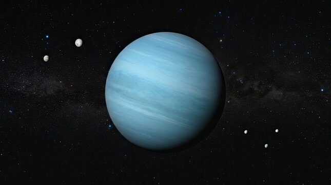 Uranus and its Moons: A stylized depiction of the ice giant Uranus, showcasing its characteristic blue hue and faint rings, accompanied by its satellite moons in the vast expanse of outer space.