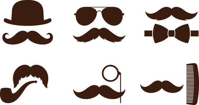 Vintage Gentleman Accessories and Mustache Silhouette Vector Set Featuring Bow Tie Bowler Hat Sunglasses Monocle Smoking Pipe and Comb for Barbershop Designs