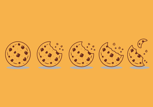 A row of delicious chocolate chip cookies with bites taken out, set against an orange background