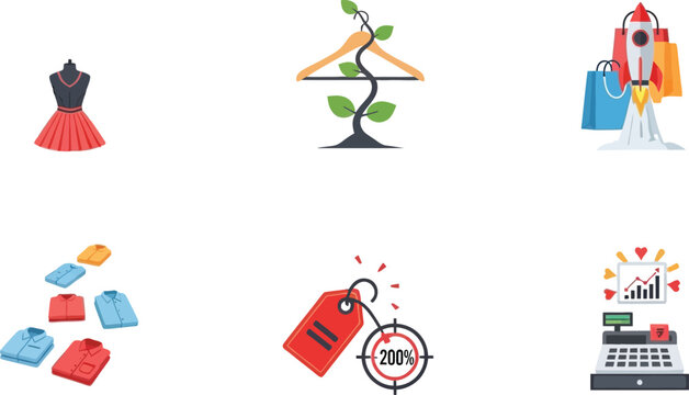 Collection of retail and shopping icons including fashion growth and sales concepts flat vector illustrations for e-commerce and business