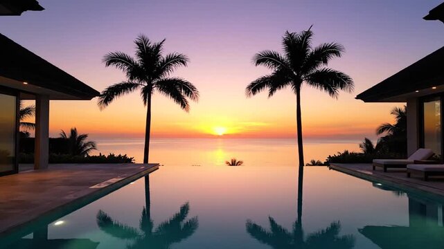 Infinity pool overlooks a calm ocean at sunset with palm trees framing the horizon.