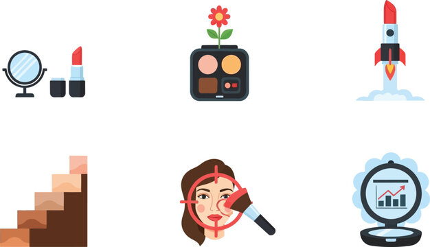 Collection of flat design icons for beauty cosmetics and business concepts including makeup skincare and growth charts isolated on white