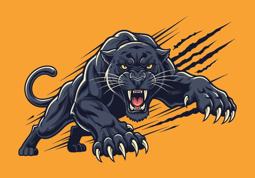 Fierce Black Panther with Bared Teeth on Orange Background, Claw Marks