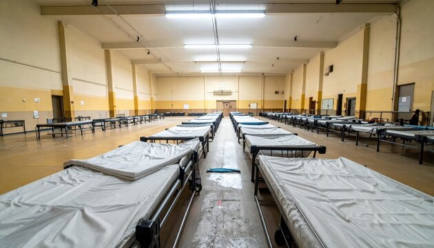 Rows of basic cots arranged in a large gymnasium temporarily converted into a shelter, providing essential accommodation for those in need.