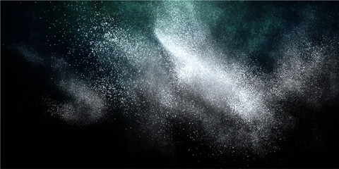 Fototapeta premium Abstract explosion of white powder and dark mist with green and turquoise light effect creating a mystical and ethereal atmosphere in motion and dynamic chaos.