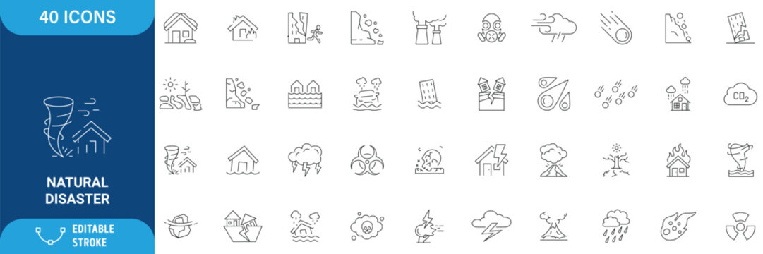 Natural Disaster icons set. natural, disaster, climate, environmental, pollution and more. line icon. Editable stroke. Vector illustration	