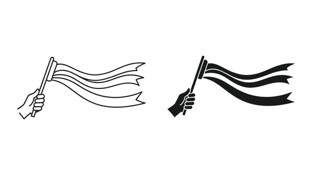Vector illustration of hands holding waving flags in black and white isolated on white background
