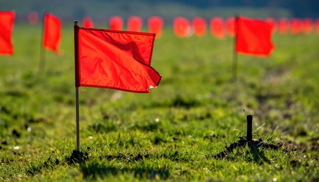 Red Warning Flag Marks Partially Unearthed Landmine Danger in Grassy Field
