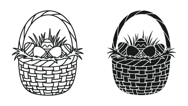 Black and white easter basket illustrations with eggs and grass