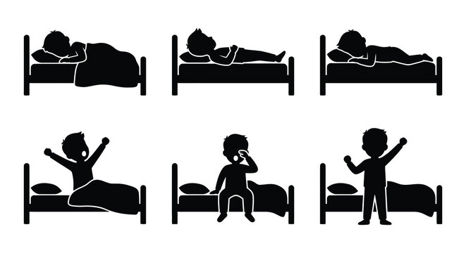 Sleeping and waking child silhouettes on beds vector illustration
