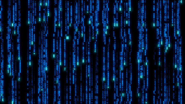 Glowing blue pixelated abstract pattern with varied sizes and shapes on a solid black background, ideal for modern digital art, tech design, and creative industry projects.