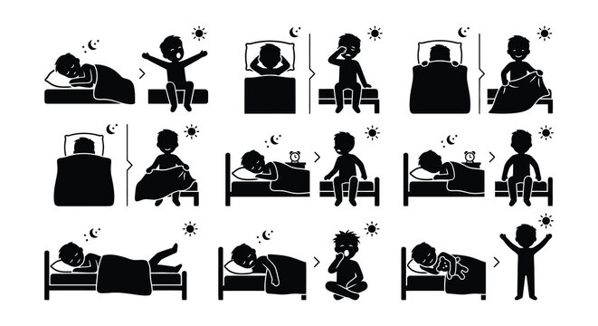 Sleeping and waking child silhouettes on beds vector illustration