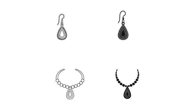 Black and white line drawing of four jewelry pieces on white background isolated on white background