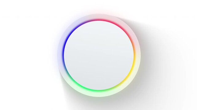 Animated circular user interface element with animated rainbow light ring, soft shadow and copy space. transparent background with alpha channel, ideal for HUD, apps and motion graphics