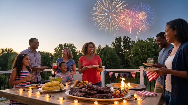 Family Picnic and Fireworks During Early July Summer Holiday