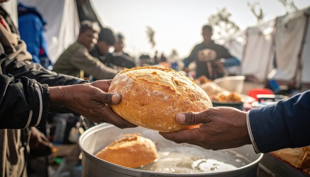 Sharing freshly baked bread among a group of refugees, offering sustenance and hope.