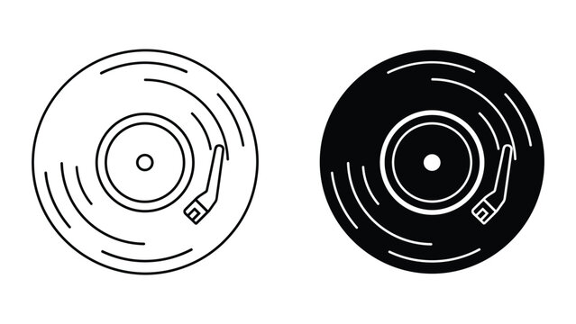 Vector illustrations of black and white vinyl records with stylus on turntable isolated on white background
