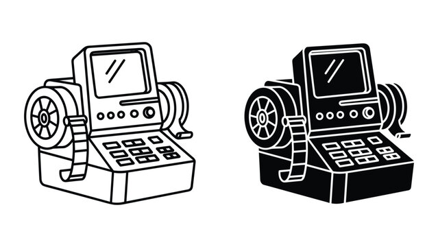 Two black and white illustrations of old video game machines with controllers and screens on top, isolated on white background