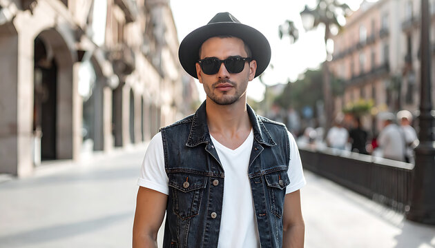 Stylish man in sunglasses and fedora hat walking on a sunlit city street, fashion and urban lifestyle
