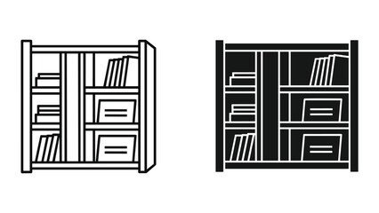 Vector illustration of bookshelves with books in black and white line art on white background © SHAHRIYAR RASEL