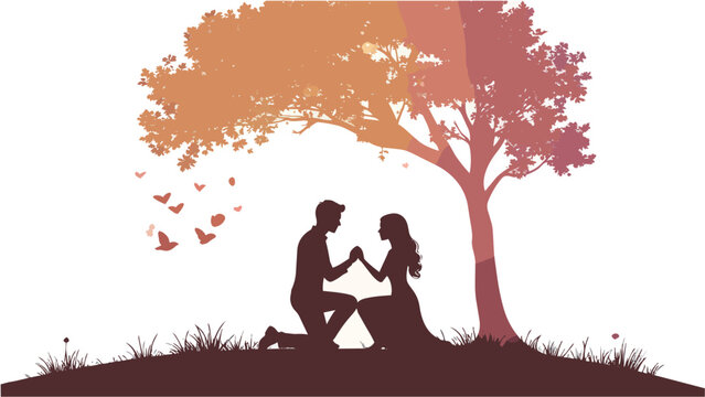 Man proposing woman under tree, romantic love moment, couple silhouette, valentines, flat vector illustration
