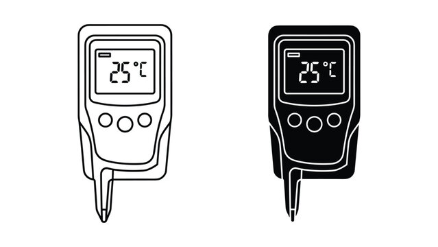Digital thermometer with temperature display on screen in black and white isolated on white background