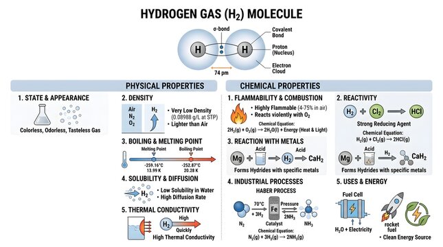 Hydrogen gas (H₂) molecule infographic summarizing state and appearance, density, boiling and melting points, solubility and diffusion, thermal conductivity plus detailed flammability, reactivity with