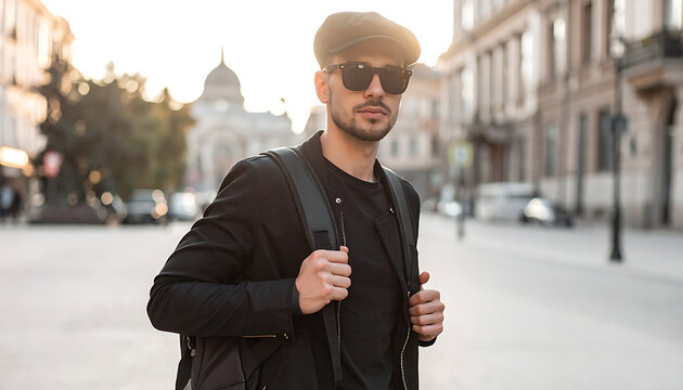 Stylish man wearing a flat cap and sunglasses, holding backpack straps, walking on city street during golden hour, urban fashion, city life