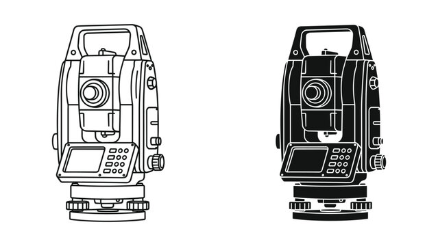 Vector illustration of two black and white total station machines with screen and buttons on a white background