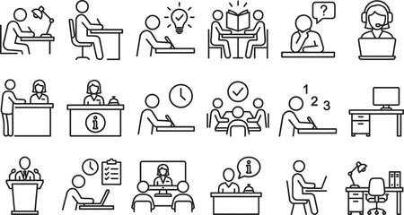 Fototapeta premium Study desk thin line icon set. Contains learning, training, thinking, customer service table, classroom, homework, study group, deadline, computer, workspace, receptionist. Vector illustration