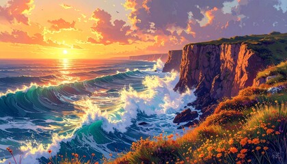 Fototapeta premium Dramatic Coastal Cliff at Sunset with Wildflowers on Cliff Edge and Violent Waves Crashing