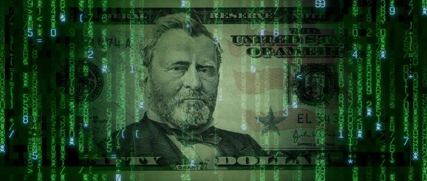 Digital Currency Concept with Fifty Dollar Bill made from Animated Numbers and Symbols. Blockchain Finance Background.