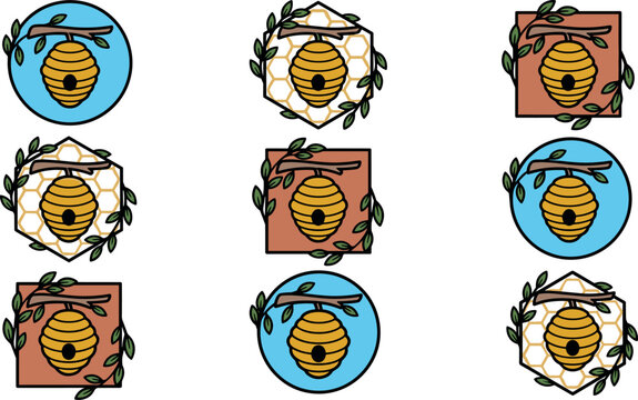 Geometric Beehive Frame Vector Icon Set Featuring Circle Hexagon and Square Badges with Hanging Wild Bee Nests and Green Leaf Twigs for Organic Honey Branding