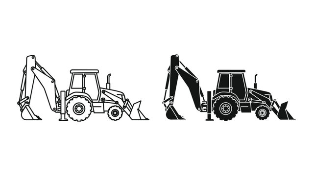 Vector illustration of backhoe loader in black and white line art style isolated on white background