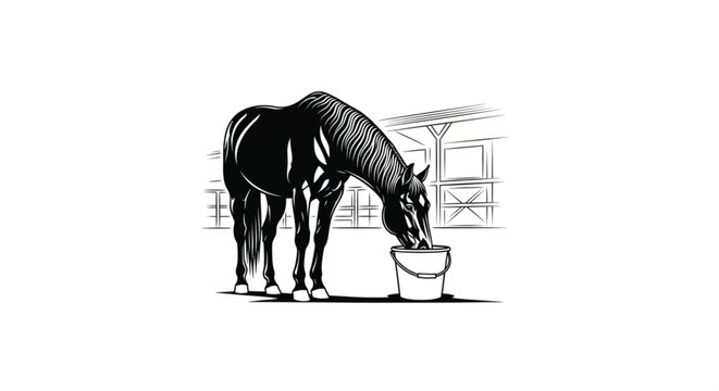 Black horse eating from bucket.