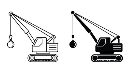 Black and white illustration of two excavator cranes with hooks isolated on white background © SHAHRIYAR RASEL