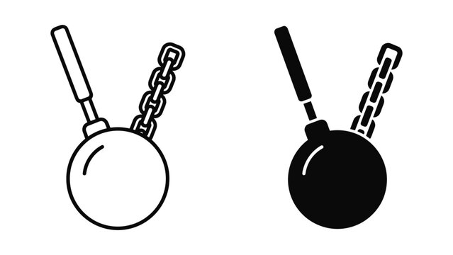 Two black and white line art and silhouette illustrations of wrecking balls on chains isolated on white background