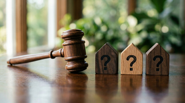 Judge&rsquo;s gavel beside wooden house blocks with question marks &mdash; concept of property law, real estate decision‑making, housing disputes, and uncertainty in legal or ownership matters
