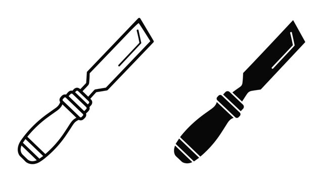 Two black and white line art illustrations of chisels with handles