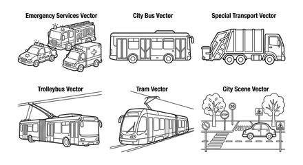 Collection Of City Transport Vehicles Black And White Vector Illustration © Begum