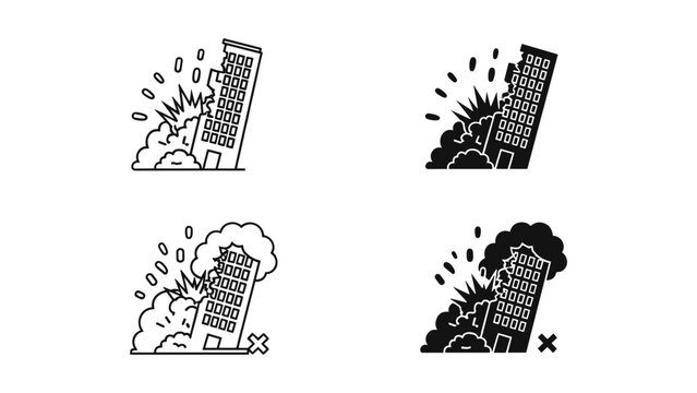 Vector illustration set of buildings collapsing in various styles and colors with explosion and smoke